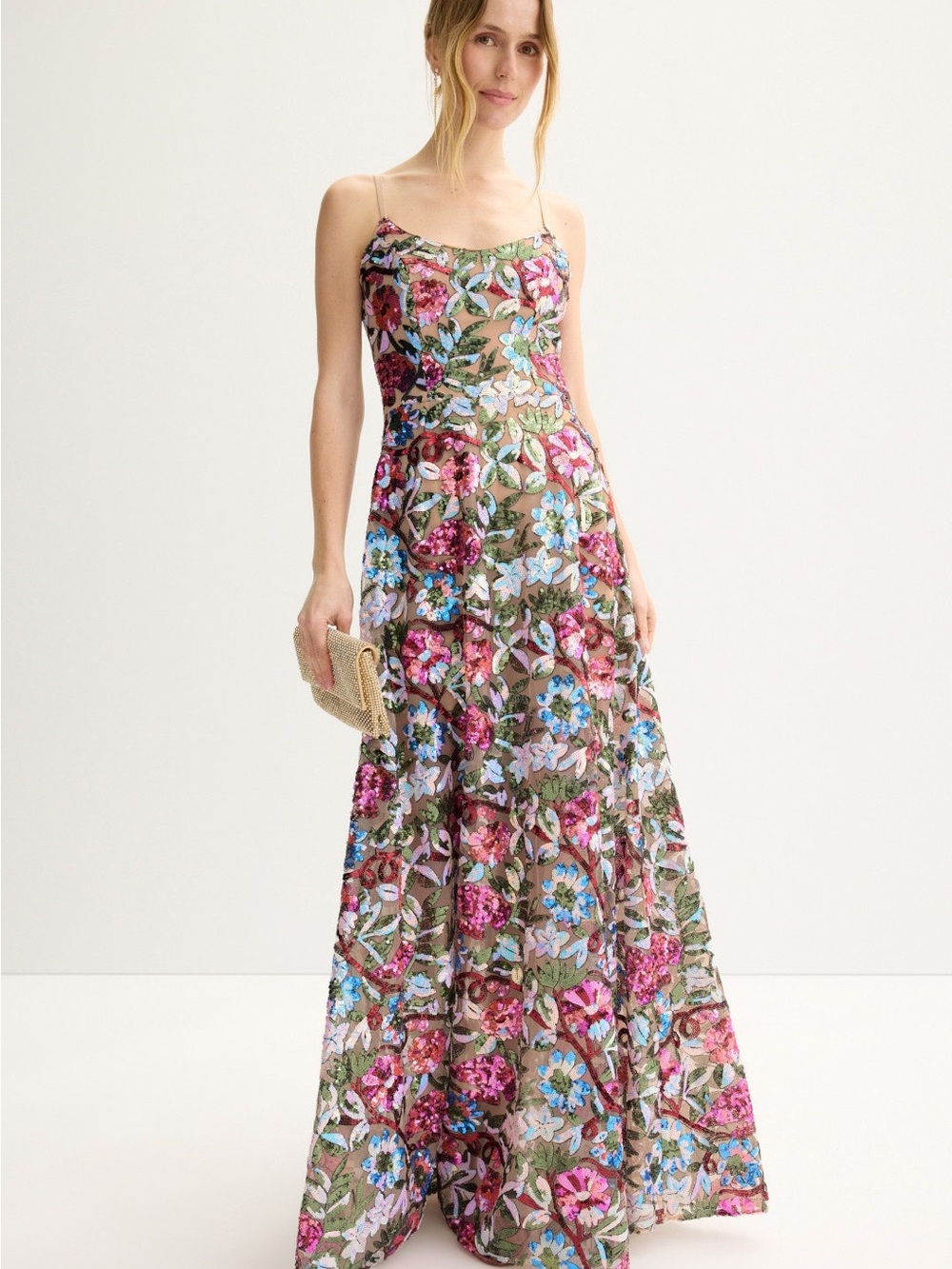 Dress the population Embroidered Maxi Dress in Pink and Blue size s MSRP $500